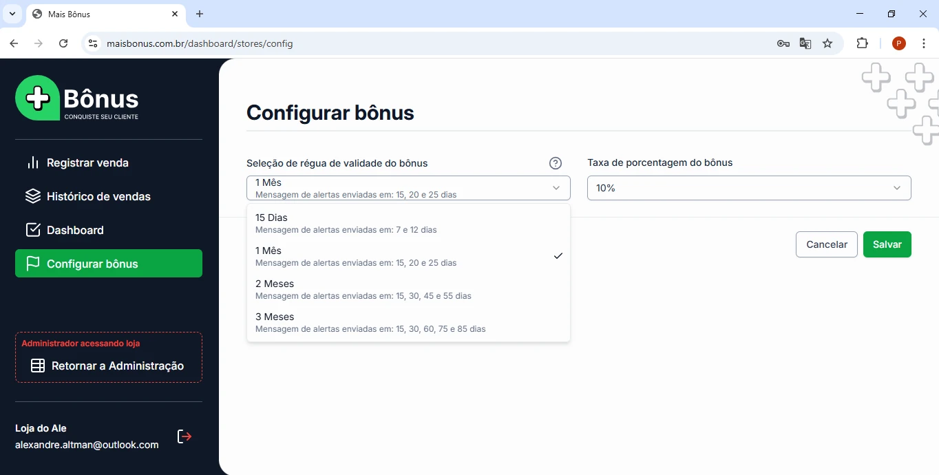 Painel de configuração da regua de de validade de bônus/cashback na plataforma.